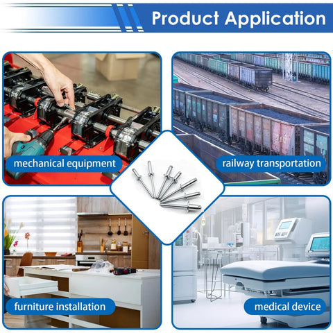 Heavy Duty Aluminum Blind Rivet Kit 75 Pcs 1/4 Inch Pop Rivets application in mechanical, railway, furniture, and medical fields