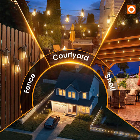 54 Foot Solar String Lights With USB Charging And Remote Control Dimmable LED Bulbs illuminating porch, garden, yard at night.