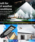 Beefy 600W Solar Street Light outdoor IP65 waterproof lighting a snowy driveway and mounted on house wall.