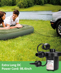 Beast Portable Electric Air Pump With Three Nozzles for air mattress inflation outdoors, connected to car with extra long DC cord