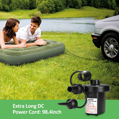 Beast Portable Electric Air Pump With Three Nozzles for air mattress inflation outdoors, connected to car with extra long DC cord