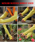 Tough As Nails Double Ply Kevlar Arm Sleeves Cut And Heat Resistant Ergonomic Knit Fit With Thumb Slots Perfect For Welding Mechanics Gardeners 18 Inch Yellow Includes 2 Pair Bundle worn during woodworking and gardening.