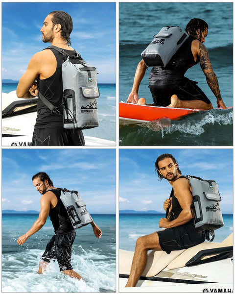 Floating Waterproof Dry Bag Backpack 20L 30L 40L for Kayak and Outdoor Adventures, man using bag while kayaking and jet skiing