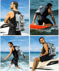 Man using grey Floating Waterproof Dry Bag Backpack 20L 30L 40L for kayaking and epic outdoor adventures in the ocean.