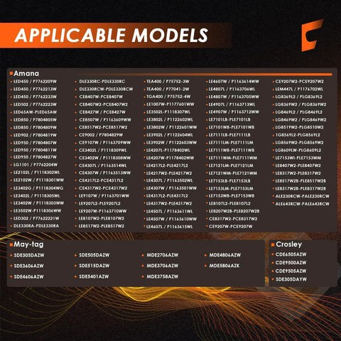 Chart showing models compatible with Heavy Duty Dryer Heating Element Kit Replacement for Multiple Models 503978 964p3.