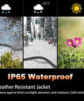 Diagram showing 60 Foot Outdoor Extension Cord Black 16 AWG SJTW exposed to rain, snow, and sun with weather-resistant labeling.