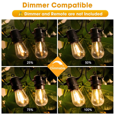 Four stages of brightness for 50Ft LED Outdoor String Lights With 16 Shatterproof S14 Replaceable Bulbs 2700K Warm White For That Cozy Vibe