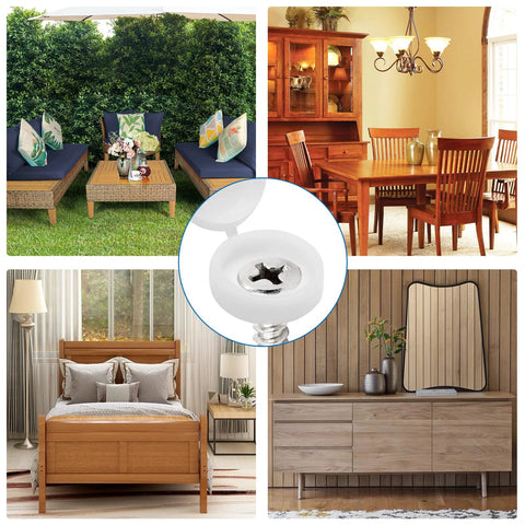 50 Pack White Plastic Hinged Screw Cover Caps For 4mm Hole Screws, 13mm Outer Diameter shown in use on furniture