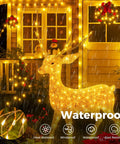 Dope Warm White Outdoor Fairy Lights With Remote, 33 Feet Of 100 LED Twinkle String Lights illuminating house and reindeer.