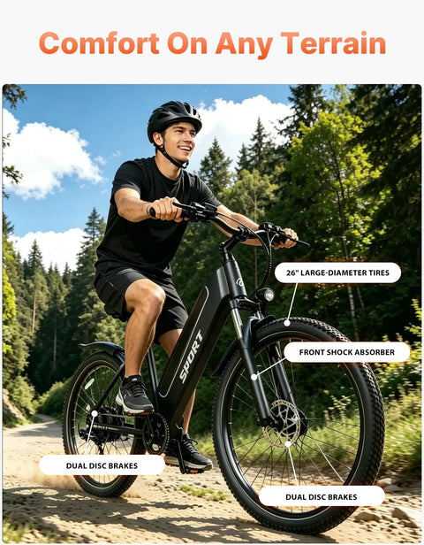 Rider on High Power 1500W Peak Ebike for Adults with 48V 12Ah Removable Battery, 26 Inch Step Through City Cruiser on trail