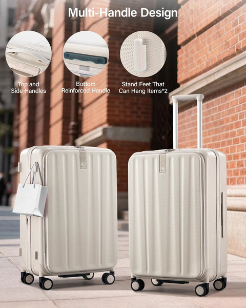 Hanke 24-inch expandable hard-shell luggage with wheels, ivory white, front view of two suitcases