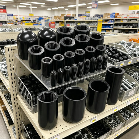 Heavy Duty Black Vinyl End Caps Assortment Kit With 40 Pieces For Multiple Sizes Including Quarter And Half Inch To Protect Furniture Legs And Metal Threads From Scratches While Keeping Your Home Projects Looking Fresh, black end caps on store display