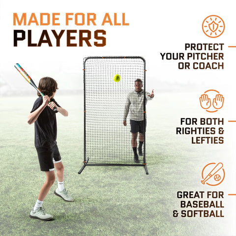 Baseball Net For Batting Cage 7 By 4 Feet Pitching Screen Softball Pitching Net With Body Protector in use on field.