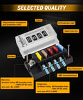 Waterproof 4 Circuit Fuse Panel, Ato Blade Fuse Block, Led Indicators, 12 Volt And 24 Volt Power For Boat Truck Rv close-up view with labels and connectors.