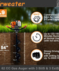 Beefy Gas Powered Post Hole Digger Earth Auger with 62cc 1.9HP engine showing drilling depth and runtime features