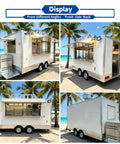 Premium White Food Truck 13ft Heavy Duty Fiberglass Mobile Beverage Cart With Cozy Seating Hella Durable Setup designed to serve fresh drinks from multiple angles.
