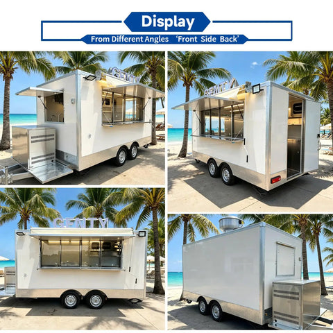 Premium White Food Truck 13ft Heavy Duty Fiberglass Mobile Beverage Cart With Cozy Seating Hella Durable Setup designed to serve fresh drinks from multiple angles.