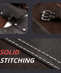 Close-up details of 12 Pocket Oil Tanned Leather Tool Belt For Builders And DIYers, showing stitching and buckle.