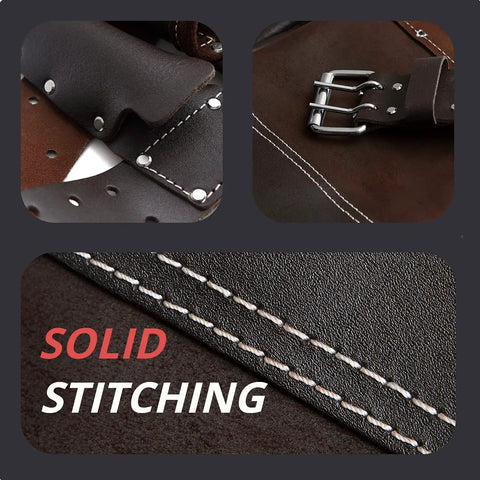 Close-up details of 12 Pocket Oil Tanned Leather Tool Belt For Builders And DIYers, showing stitching and buckle.