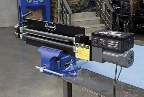 Budget-Friendly 19 Inch Metal Bead Roller With Power Drive System installed on a blue workbench in a garage setting