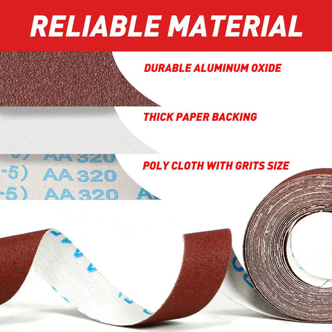 Close-up of Emery Cloth Roll Kit With Six Grits 80 120 240 320 400 600 Pro Grade One Inch By 19.7 Foot showing material layers