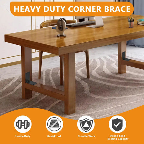 Heavy Duty Black Stainless Steel L Shelf Brackets Four Pack For Wood Furniture Cabinet Rack No Mess Install Knockout Support Wall Mount Hardware Display Stand attached to a wooden table.