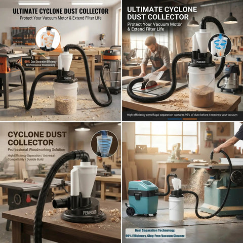 Dual Cyclone Dust Separator For Shop Vac Pre Separator For Sawdust And Debris Reduces Filter Clogging Extends Vacuum Life shown in workshop