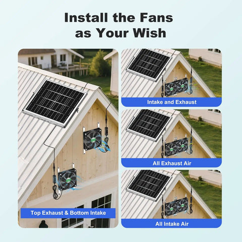 Solar Chicken Coop Fan Kit 2 Pack 20W Solar Powered Ventilation installation options for various roof setups, waterproof IP67.