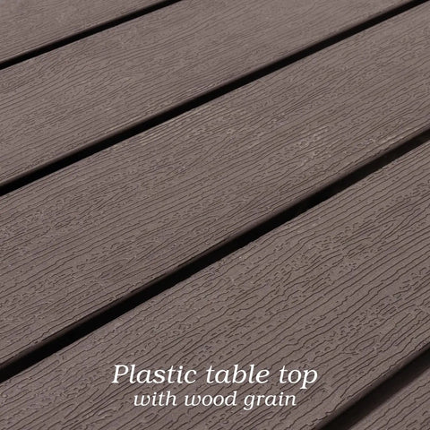 Close-up of Outdoor Dining Table With 1.6 Inch Umbrella Hole, Brown Plastic Square Backyard Bistro Table For Garden, Poolside, And Patio