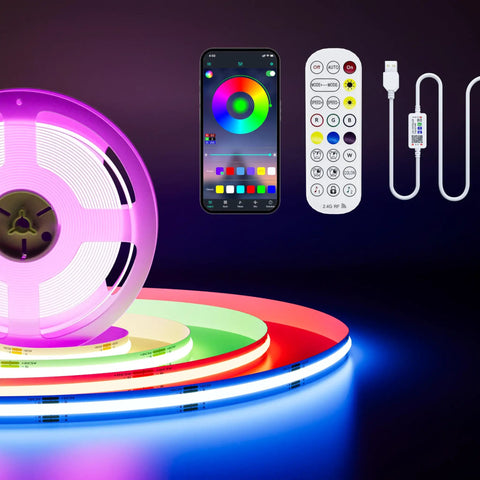 Colorful 5V USB RGB COB LED Strip Light 4.92ft with Bluetooth control, remote, and USB cable displayed on black background