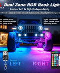 Jeep with 8 Pods RGB LED Rock Lights Kit, showing multicolor underglow, app control, RF remote, dual zone, 12V waterproof lighting.