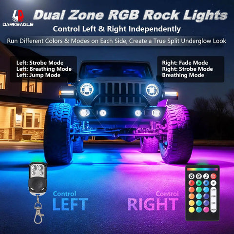 Jeep with 8 Pods RGB LED Rock Lights Kit, showing multicolor underglow, app control, RF remote, dual zone, 12V waterproof lighting.
