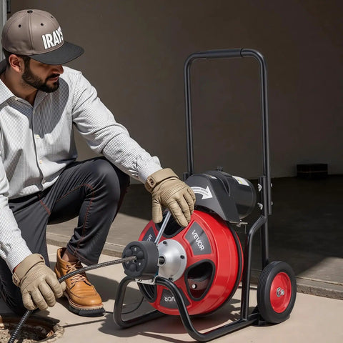 Man using Auto Feed Drain Cleaner On Wheels With 100 Ft Cable For 2 To 6 Inch Pipes, Portable Sewer Snake Auger outdoors.