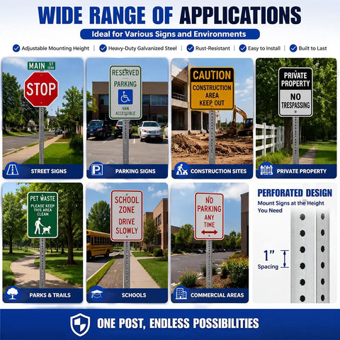Pro Grade Galvanized Square Sign Posts Built Like A Tank For Any Job Featuring 2 Inch Width And 7 16 Inch Pre Drilled Holes in various settings.