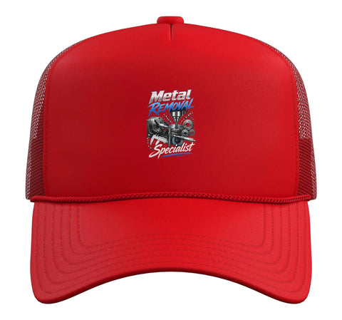 Cool Red Machinist Trucker Hat Featuring Gauge Square And Vise Design For CNC Tools Guys With Mesh Back Adjustable Fit