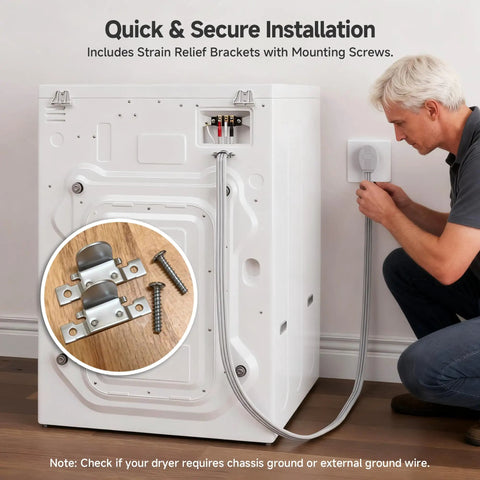 Man installing 10 Ft 3 Prong Dryer Cord 30A 7500W NEMA 10-30P to 3-Wire Appliance Cord on dryer with strain relief brackets visible