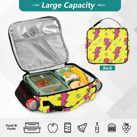 Lightning Bolt Insulated Lunch Bag Yellow Portable Cooler With Shoulder Straps For Office Travel School And Everyday Meals All Day Durable Polyester Large Main Compartment Plus Side Mesh Pockets Keeps Meals Fresh opened with food inside