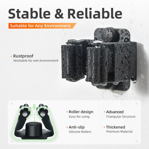 Close-up of a wet black wall-mounted rack showing anti-slip rollers, part of a 5 Pack Heavy Duty Wall Mount Broom Holder Rack For Mop Broom Rake And Garden Tools Stainless Steel Hanger Organizer For Kitchen Laundry Garage Space Saving And Beefy Durable.
