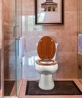Round Toilet Seat Made From Molded Wood With Quietly Close Hinges And Quick Release No Fuss Easy To Install And Clean Brownish Red Finish for round toilets in a bathroom setting