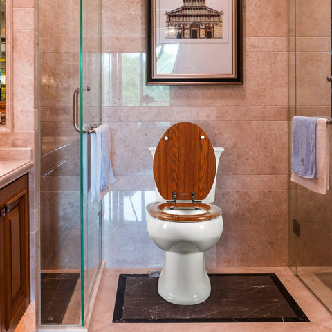 Round Toilet Seat Made From Molded Wood With Quietly Close Hinges And Quick Release No Fuss Easy To Install And Clean Brownish Red Finish for round toilets in a bathroom setting
