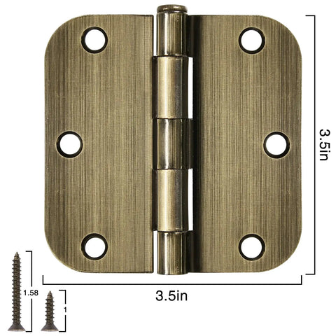 Antique Brass Door Hinges 3.5 Inch Heavy Duty Interior 12 Pack Round Corner 5/8 Radius Swing 270 Degree with screws visible