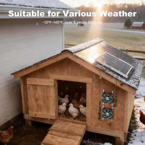 Solar Chicken Coop Fan Kit 2 Pack 20W Solar Powered Ventilation installed on wooden coop for chicken airflow cooling
