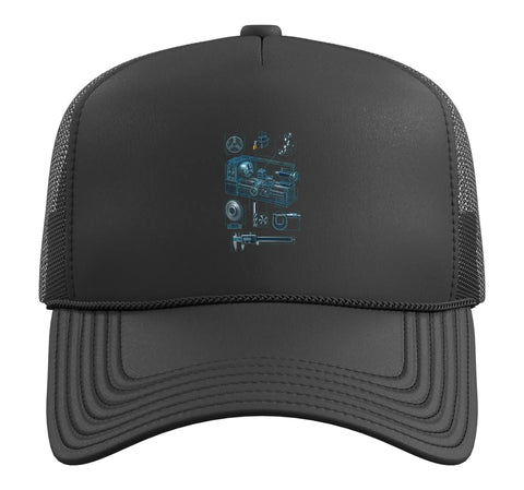 Sick Gauge Square Vise Trucker Hat For Machinist And CNC Guys, Black Five Panel Mesh Back Snapback Cap with tool graphic.