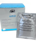 Audinell cleaning wipes for hearing aids box with 30 individually wrapped wipes and foil sachet