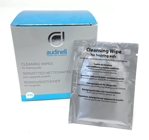 Audinell cleaning wipes for hearing aids box with 30 individually wrapped wipes and foil sachet