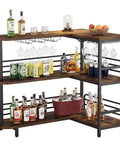L Shaped Home Bar Unit With 3 Tier Storage Shelves And Wine Glass Holder For Kitchen Or Living Room Rustic Brown And Matte Black Industrial Corner Bar Cabinet With Pub Vibe displaying liquor bottles and glasses
