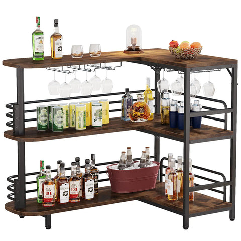 L Shaped Home Bar Unit With 3 Tier Storage Shelves And Wine Glass Holder For Kitchen Or Living Room Rustic Brown And Matte Black Industrial Corner Bar Cabinet With Pub Vibe displaying liquor bottles and glasses