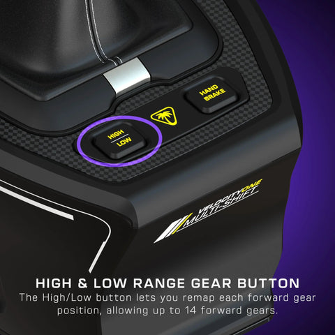 VelocityOne Multi-Shift sim racing shifter & handbrake, black, close-up with high/low gear button