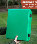 Person holding Beefy Outdoor Junction Box Waterproof IP65 Enclosure With Hinged Green Panel Cover Extra Large ABS Plastic 16x12x7.2
