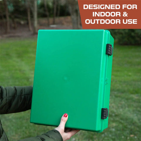Person holding Beefy Outdoor Junction Box Waterproof IP65 Enclosure With Hinged Green Panel Cover Extra Large ABS Plastic 16x12x7.2
